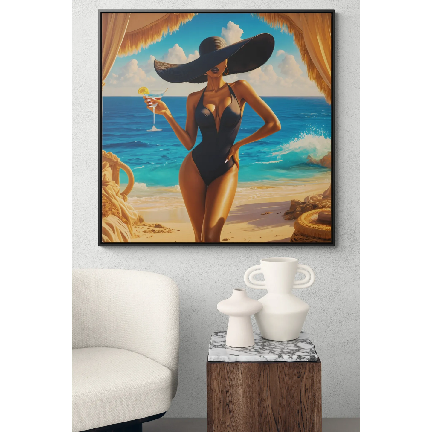 Canvas Wall Art, Woman in Sunhat at Beach with Martini, Home Decor, Square Frame, Vacation, Summer, Ocean View, Tropical Artwork, Beach