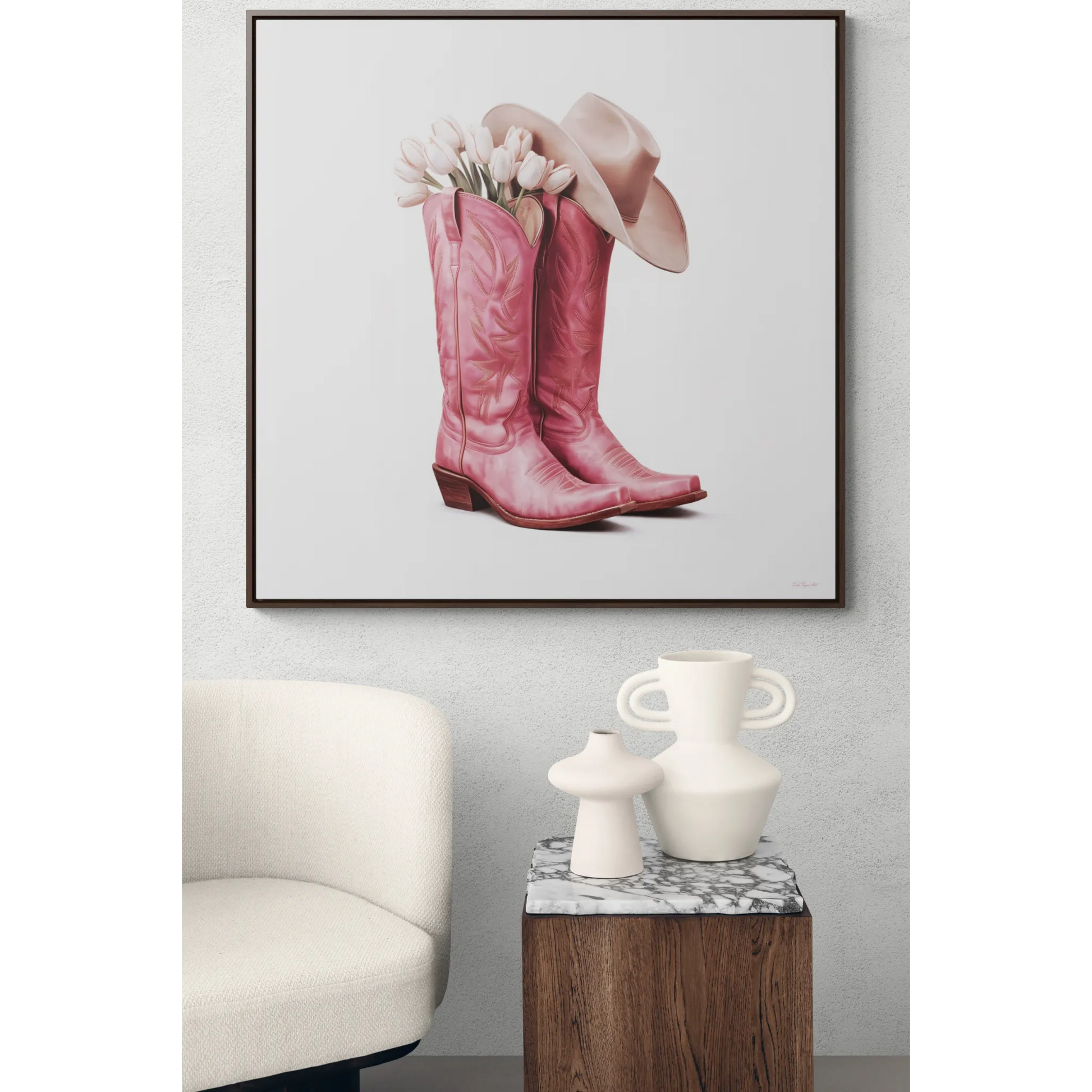 Cowgirl Pink Cowboy Boots White Tulips Square Canvas Wall Art, Southwestern Home Decor, Western Cowgirl Gift, Pink Floral Wall Decor, Square - LOLA VEGAS ART