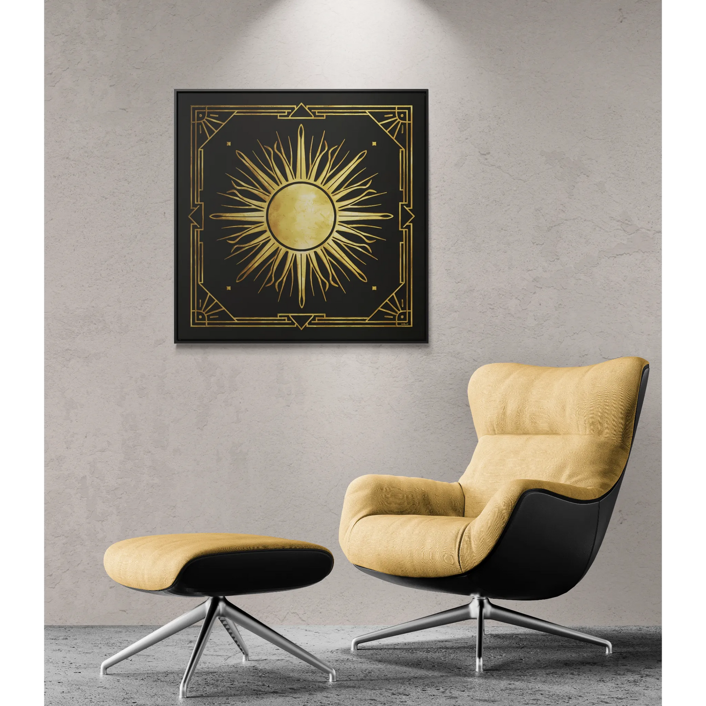 Canvas Wall Art, Black and Distressed Gold Art Deco Sun Square, Framed Decor, Dramatic Retro Style, Home Decoration, Square Frame