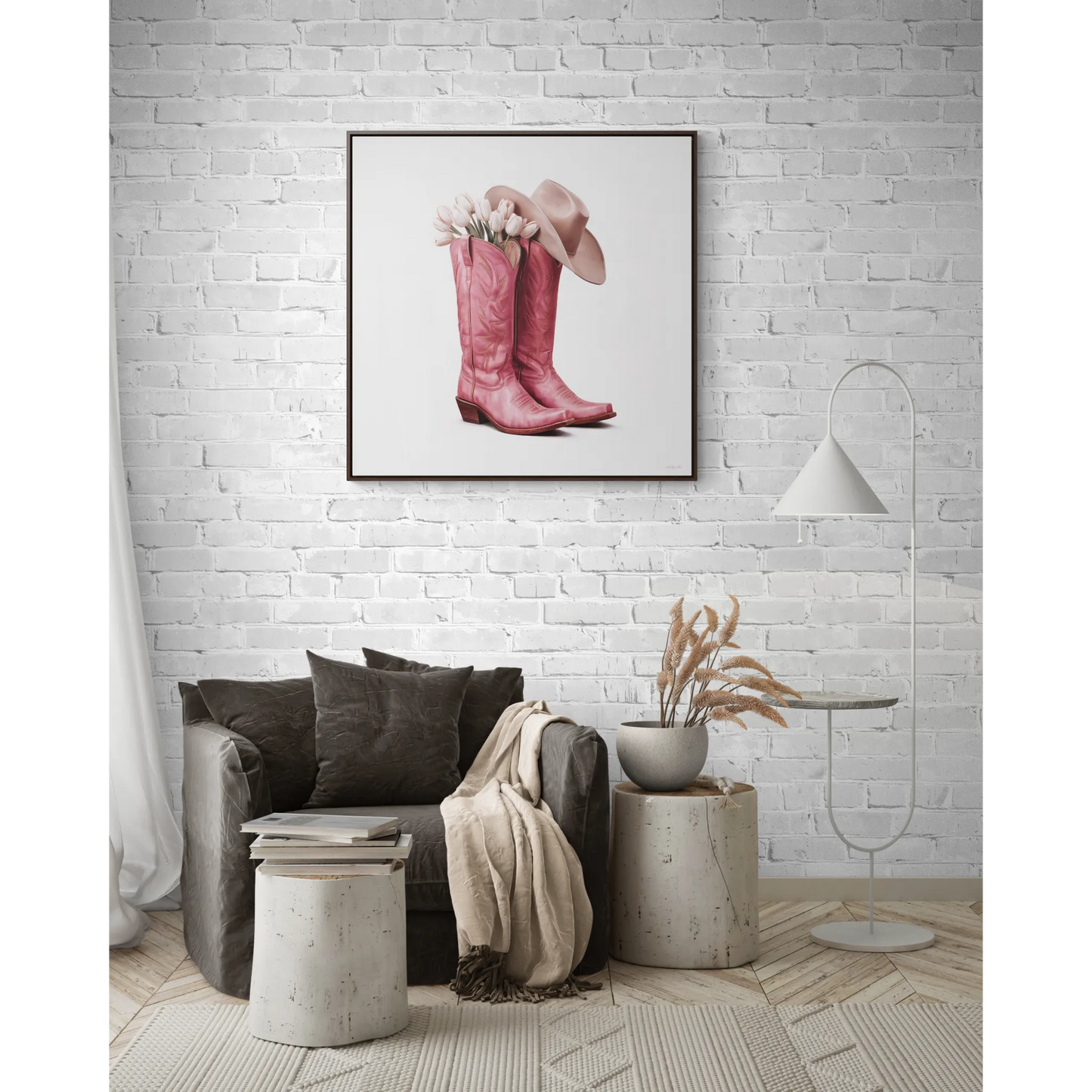 Cowgirl Pink Cowboy Boots White Tulips Square Canvas Wall Art, Southwestern Home Decor, Western Cowgirl Gift, Pink Floral Wall Decor, Square - LOLA VEGAS ART