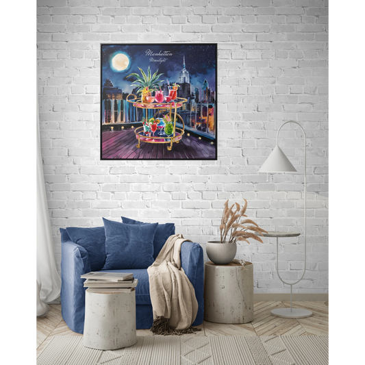 Square Canvas Prints, Rooftop Manhattan Cityscape Wall Art, Bar Cart and Cocktails at Night, Full Moon, Gallery Wrap, Square Frame, Home