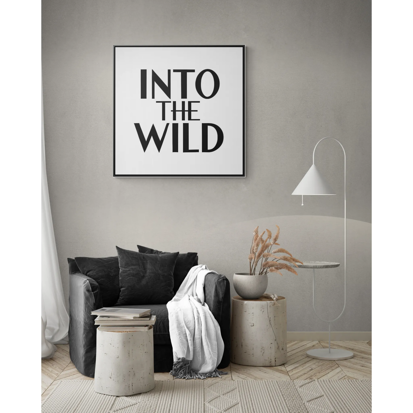 Square Frame Wall Art, Into The WILD Typography Home Decor, Gallery Canvas Wraps, Cool Black and White Design, Modern Living Room Decor,