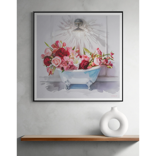 Bathroom Wall Art, Feminine Floral Canvas, Vintage Bathtub Decor, Sqare Frame Picture, Pink Red Flowers Painting, Gallery Square Frame Wrap,