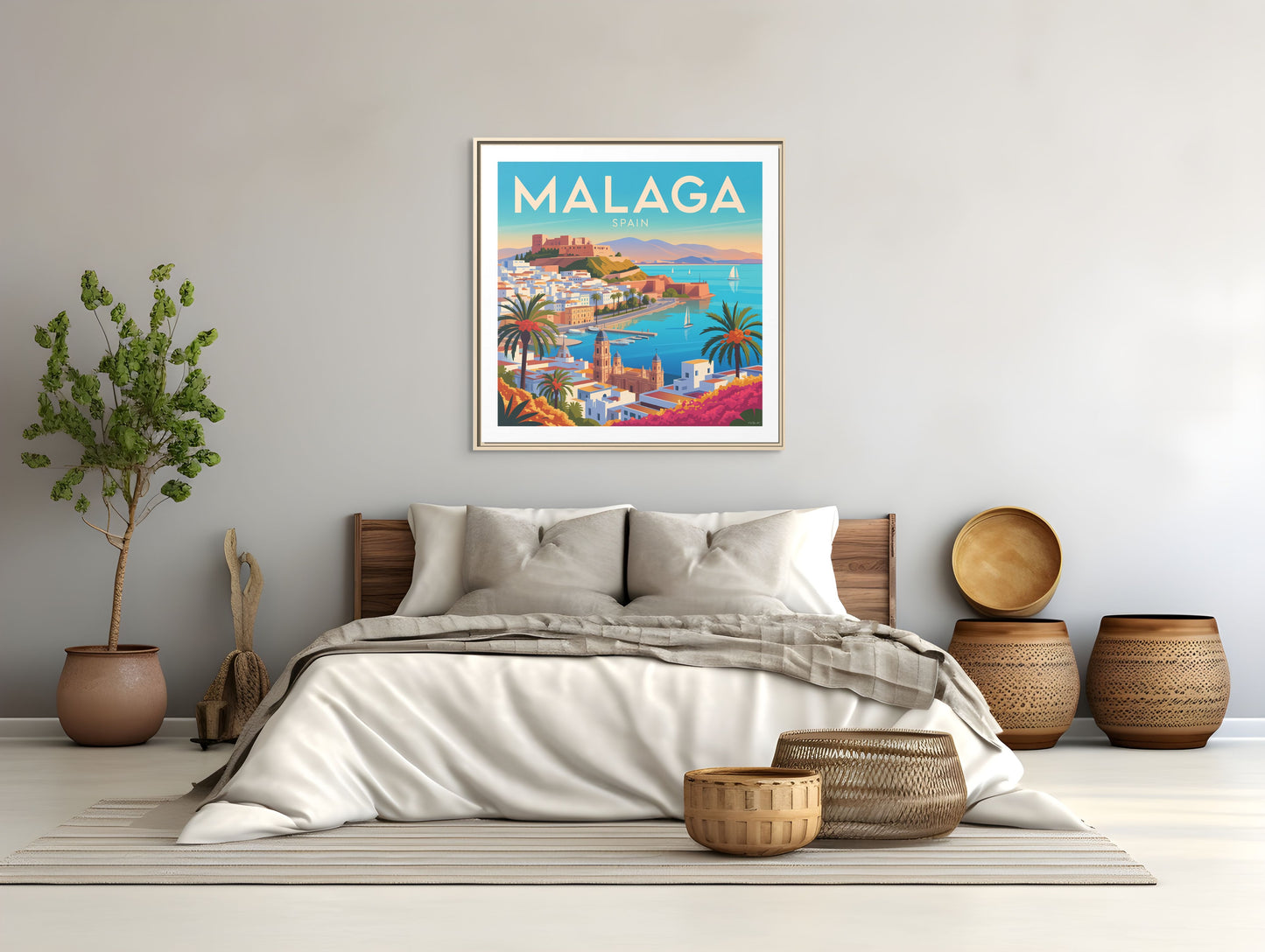 Malaga Spain Coastal  Matte Canvas Framed Wall Art| Vintage Style Travel Art