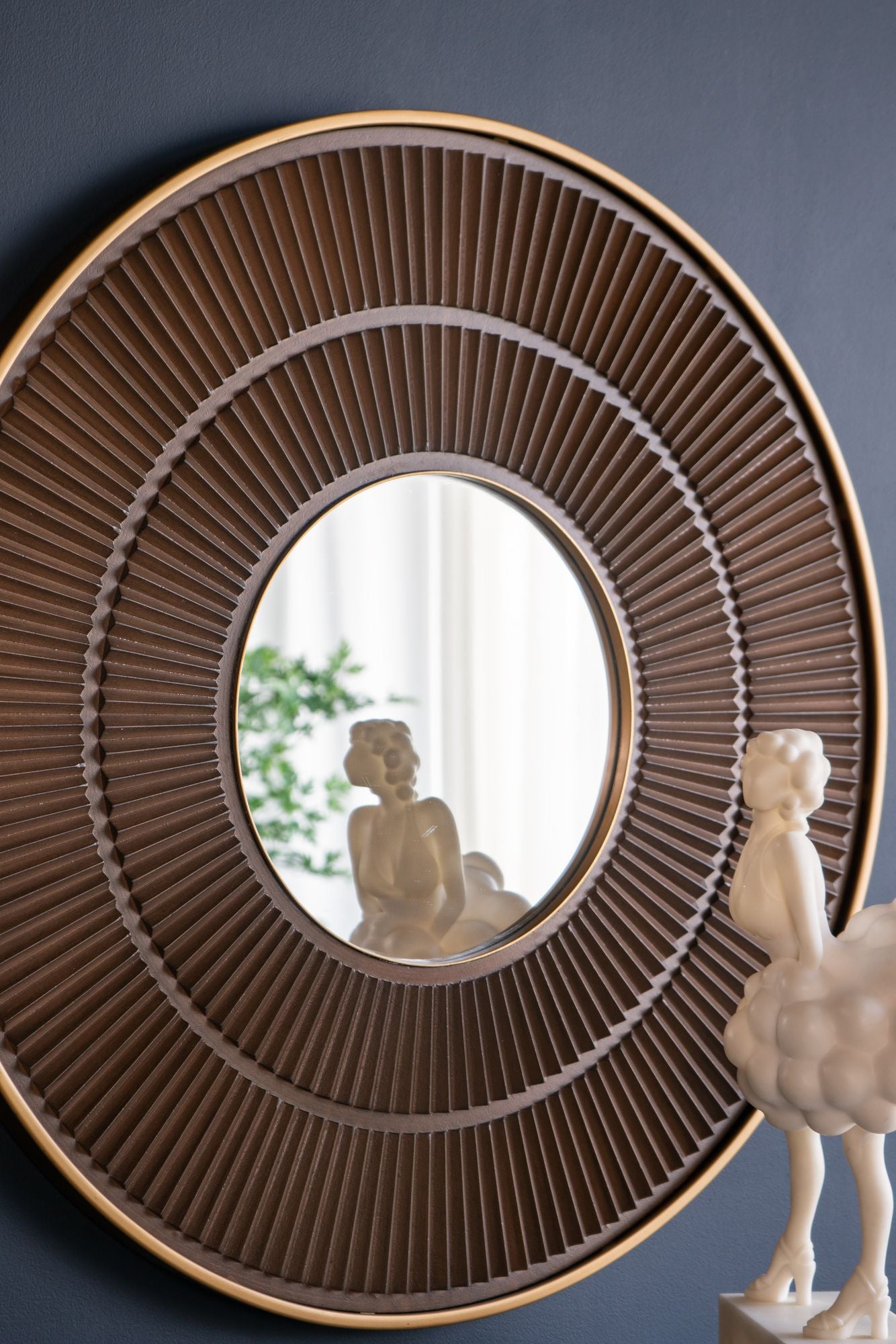 31.5x1x31.5" Round Carter Wooden Mirror with Gold Iron Frame Neutral Colorway Wall Decor for Live space, Bathroom, Entryway Wall Decor - LOLA VEGAS ART