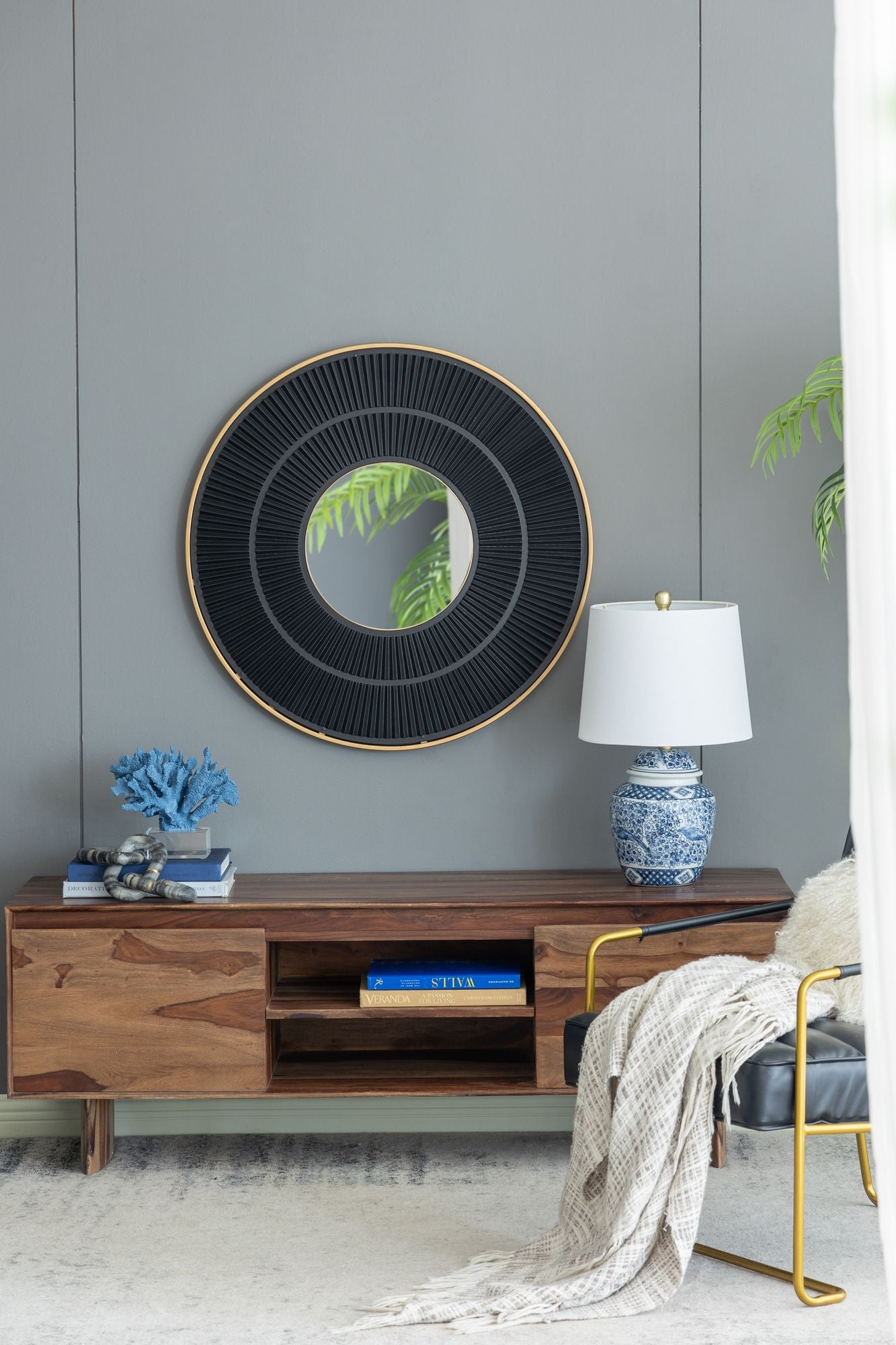 31.5x1x31.5" Round Carter Wooden Mirror with Gold Iron Frame Neutral Colorway Wall Decor for Live space - LOLA VEGAS ART