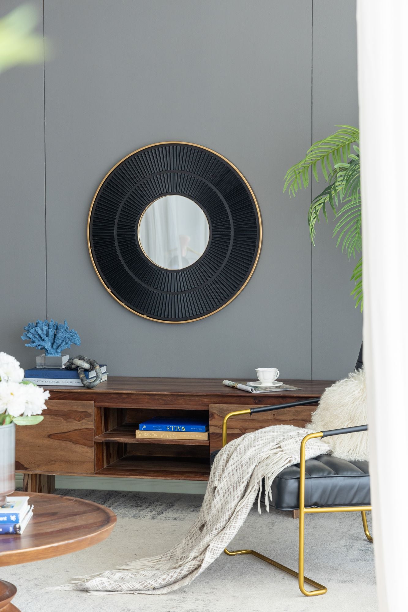 31.5x1x31.5" Round Carter Wooden Mirror with Gold Iron Frame Neutral Colorway Wall Decor for Live space - LOLA VEGAS ART