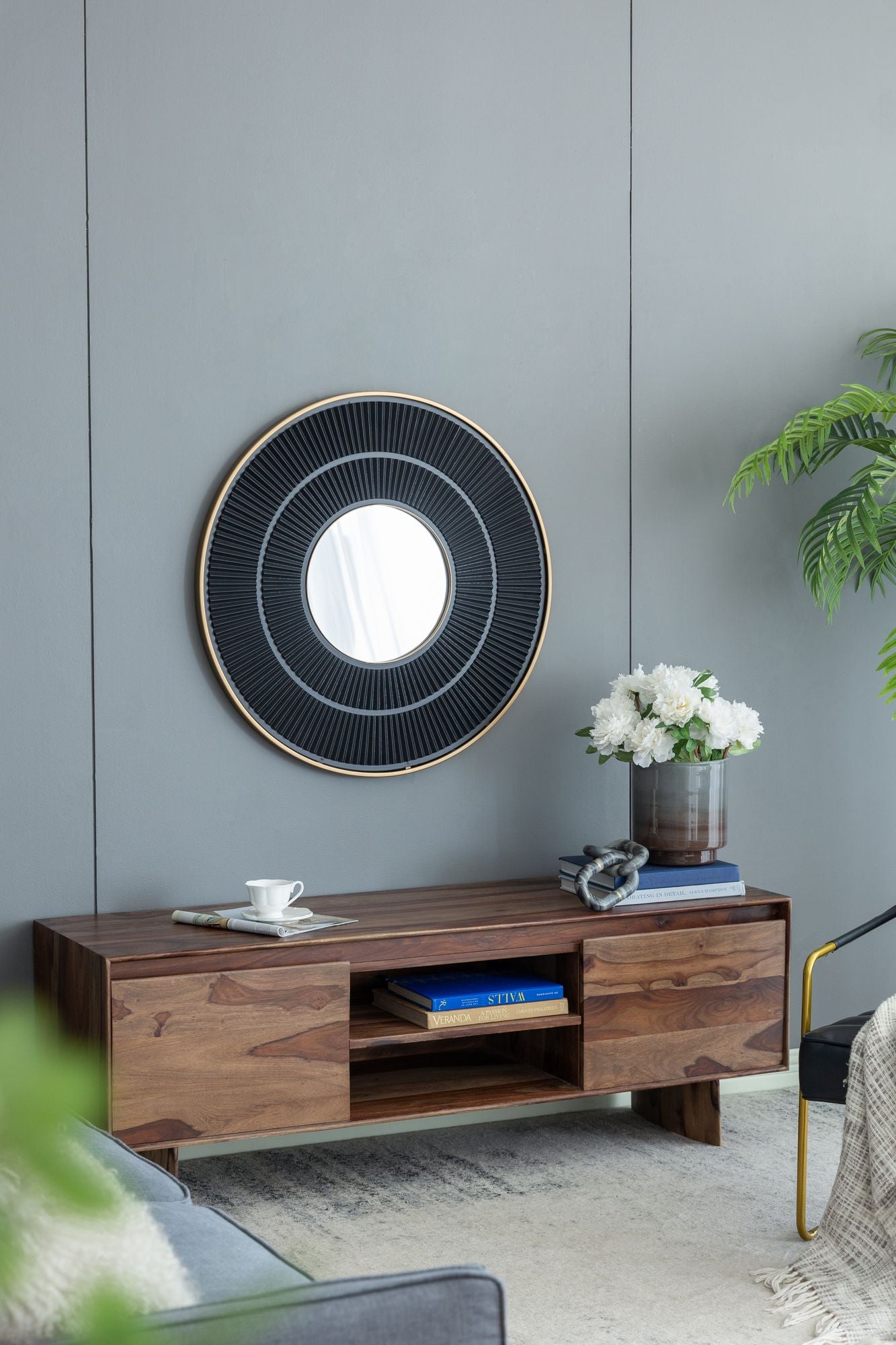 31.5x1x31.5" Round Carter Wooden Mirror with Gold Iron Frame Neutral Colorway Wall Decor for Live space - LOLA VEGAS ART