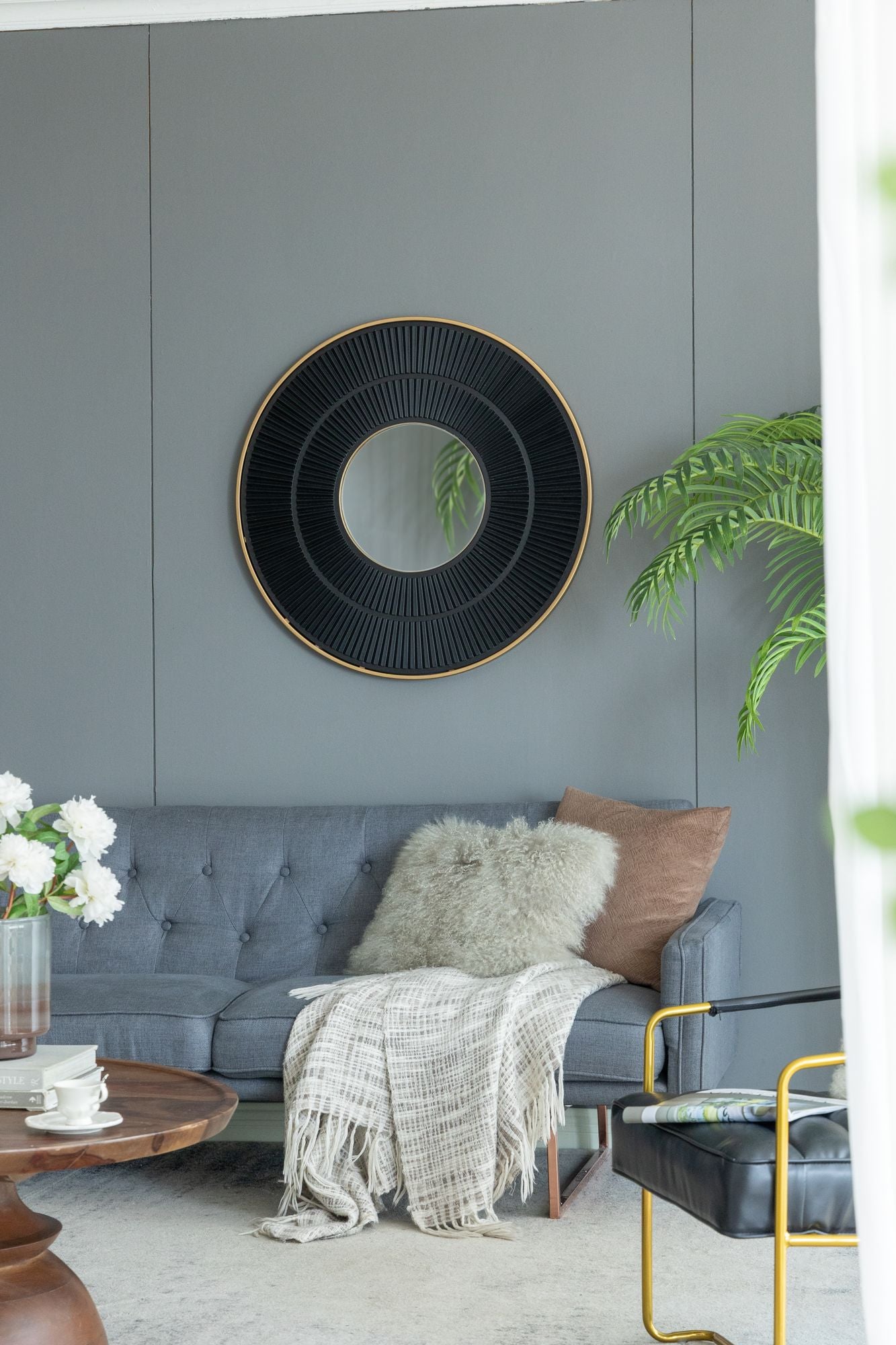 31.5x1x31.5" Round Carter Wooden Mirror with Gold Iron Frame Neutral Colorway Wall Decor for Live space - LOLA VEGAS ART