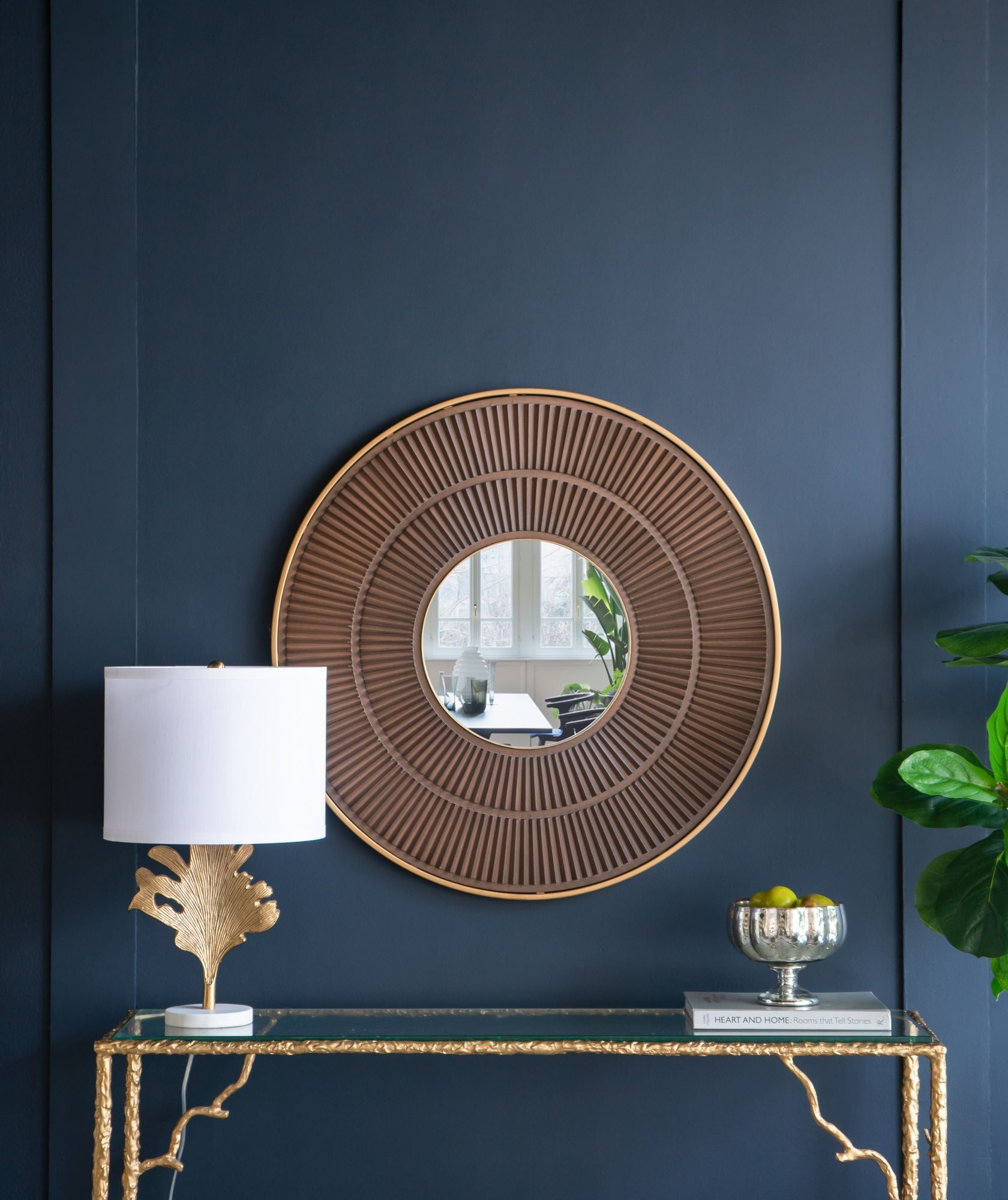 31.5x1x31.5" Round Carter Wooden Mirror with Gold Iron Frame Neutral Colorway Wall Decor for Live space, Bathroom, Entryway Wall Decor - LOLA VEGAS ART