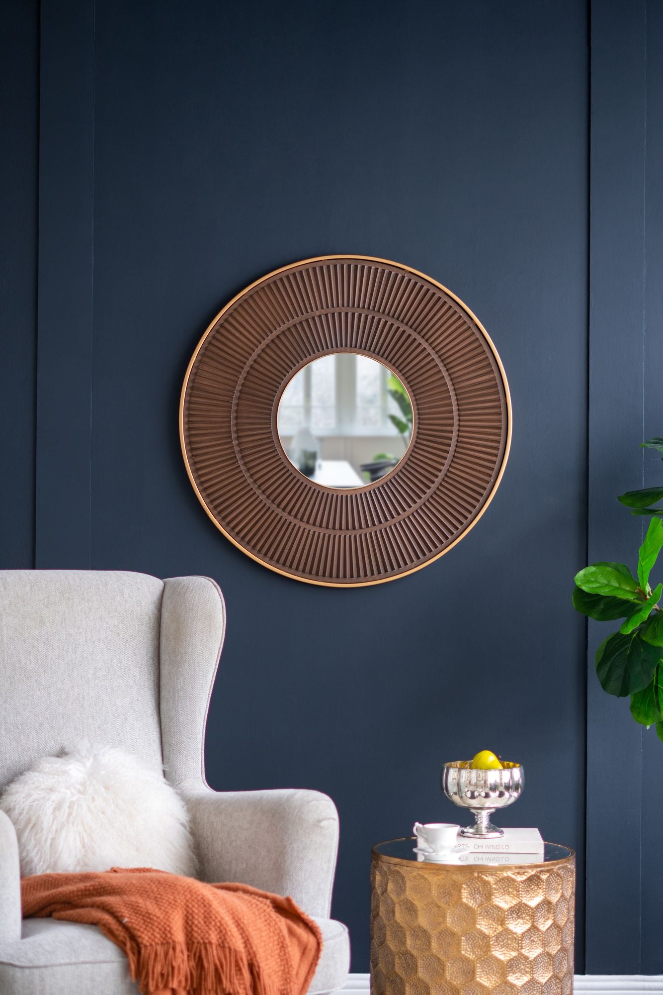 31.5x1x31.5" Round Carter Wooden Mirror with Gold Iron Frame Neutral Colorway Wall Decor for Live space, Bathroom, Entryway Wall Decor - LOLA VEGAS ART