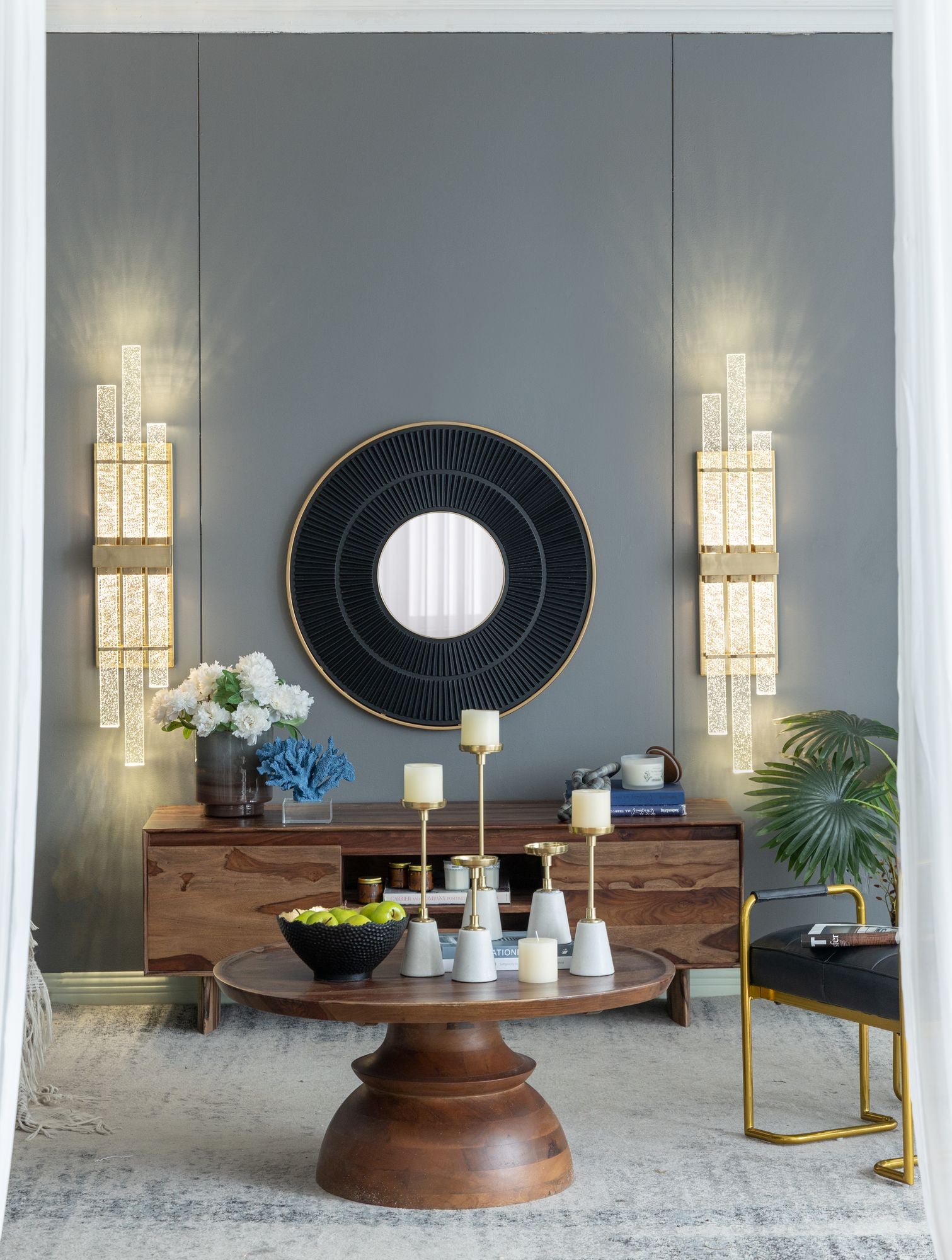 31.5x1x31.5" Round Carter Wooden Mirror with Gold Iron Frame Neutral Colorway Wall Decor for Live space - LOLA VEGAS ART