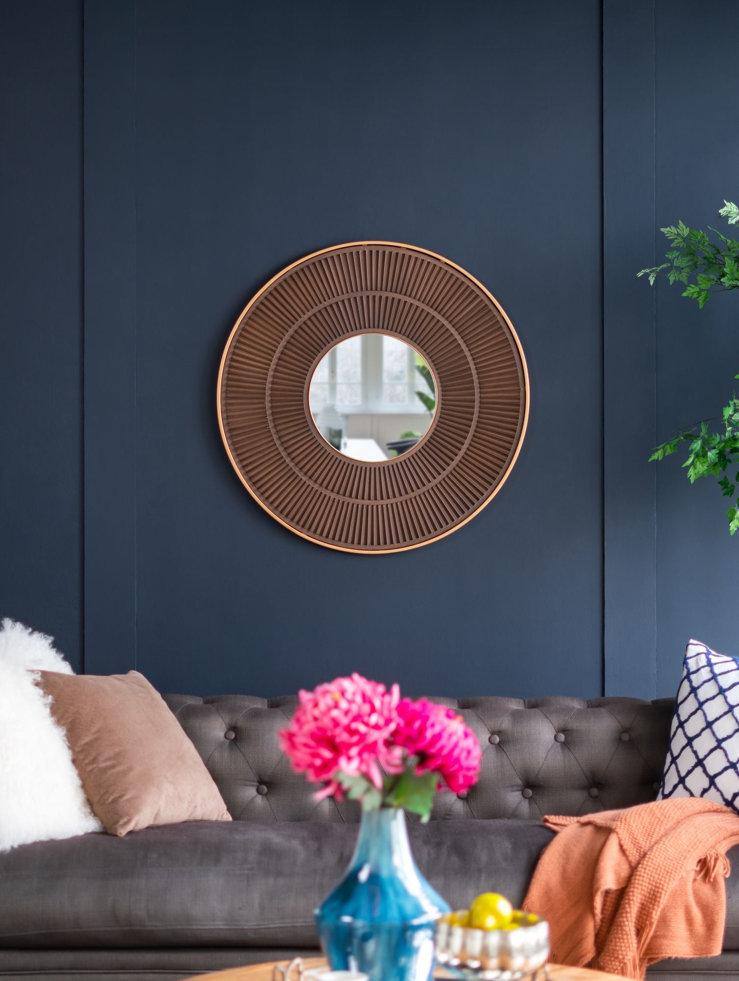 31.5x1x31.5" Round Carter Wooden Mirror with Gold Iron Frame Neutral Colorway Wall Decor for Live space, Bathroom, Entryway Wall Decor - LOLA VEGAS ART