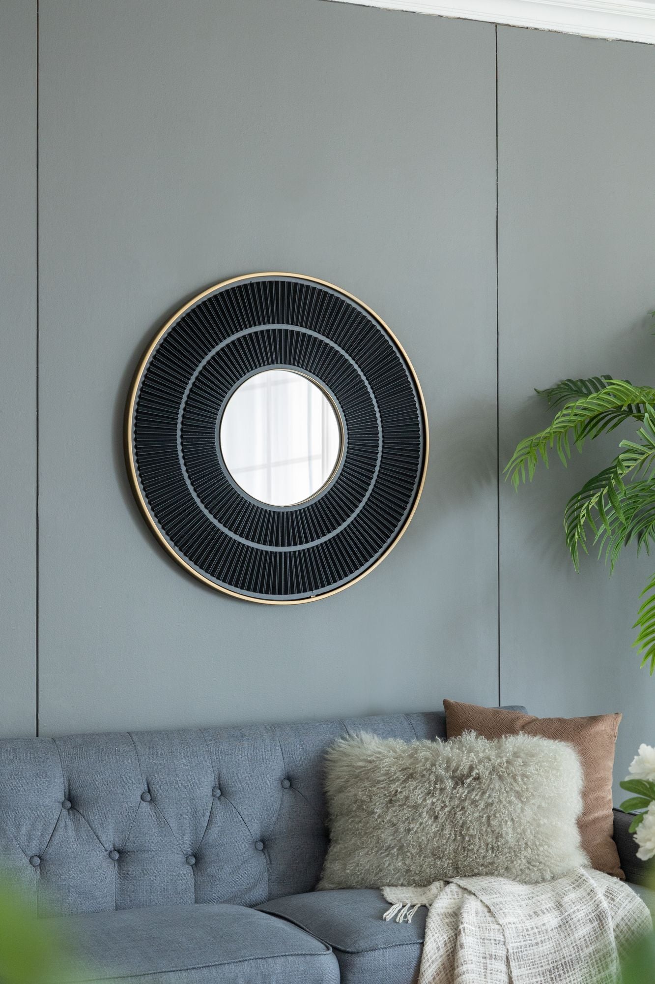 31.5x1x31.5" Round Carter Wooden Mirror with Gold Iron Frame Neutral Colorway Wall Decor for Live space - LOLA VEGAS ART