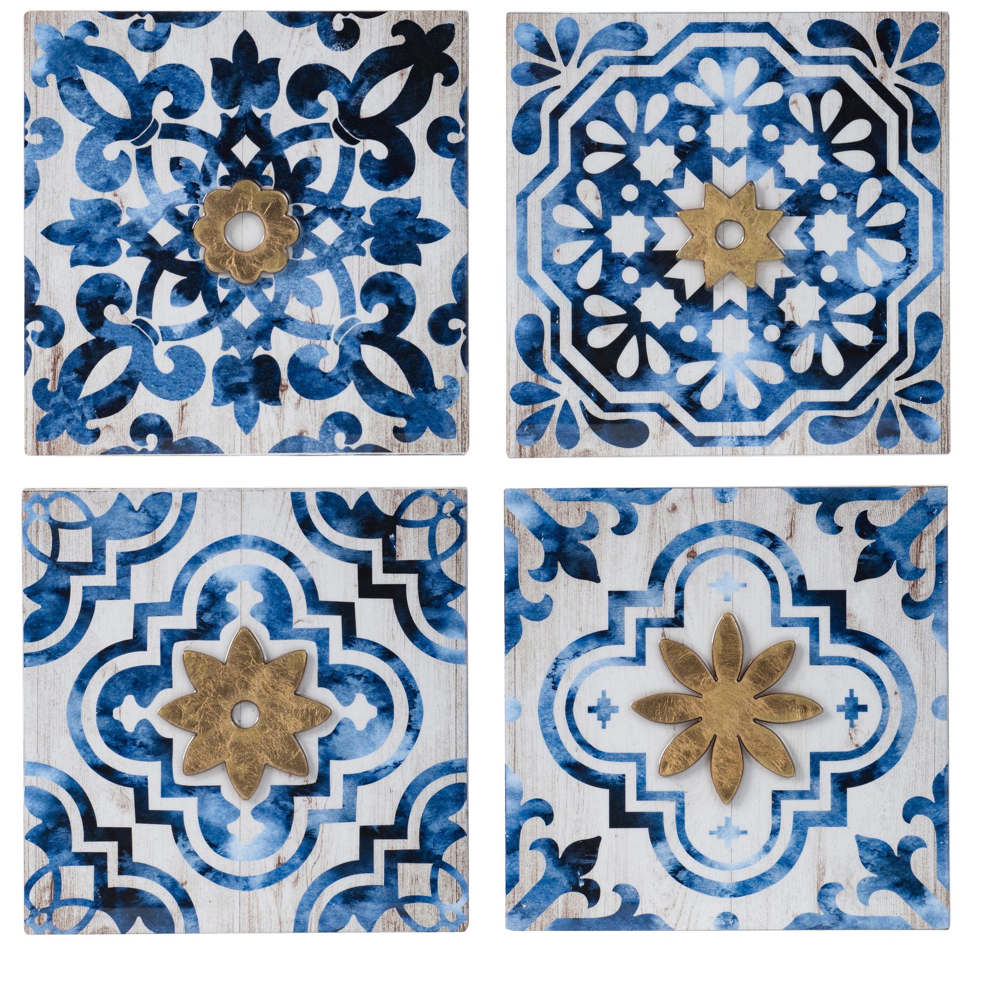 S/4 Abstract Blue, White, and Gold Wall Decor Accents, 9.5x9.5" - LOLA VEGAS ART