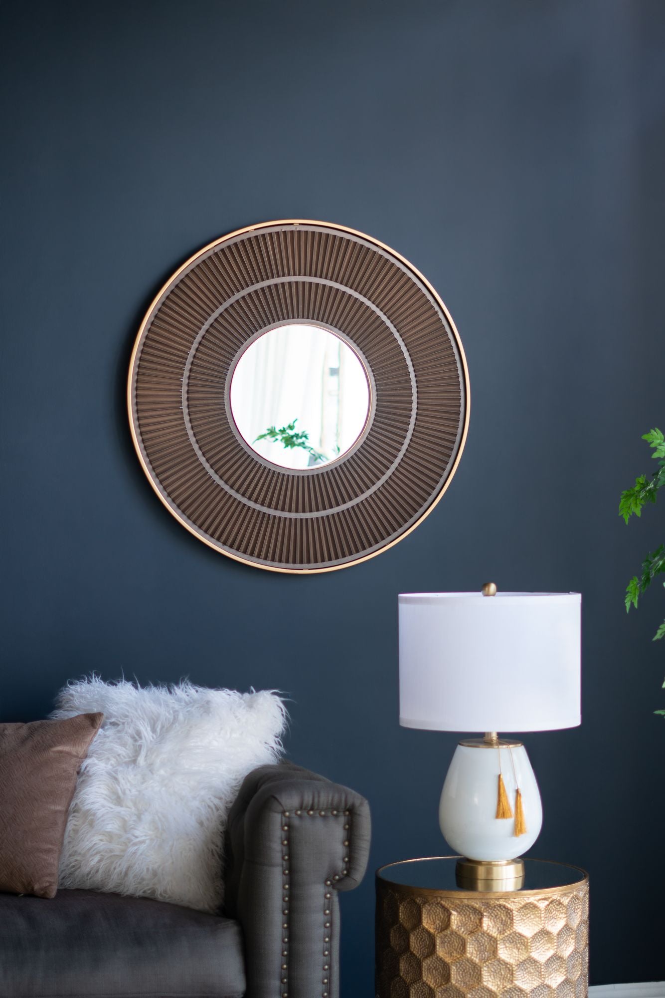 31.5x1x31.5" Round Carter Wooden Mirror with Gold Iron Frame Neutral Colorway Wall Decor for Live space, Bathroom, Entryway Wall Decor - LOLA VEGAS ART