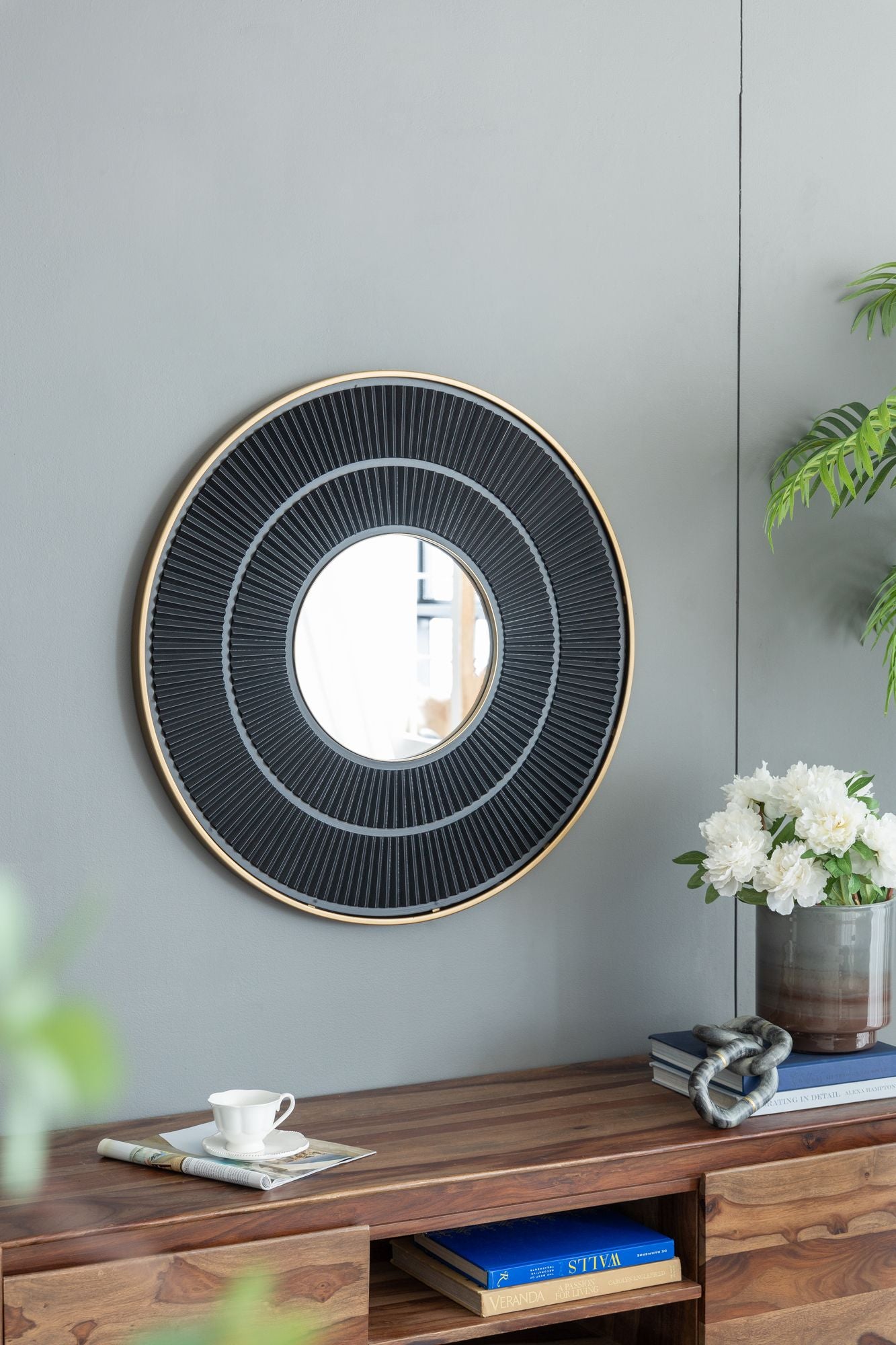 31.5x1x31.5" Round Carter Wooden Mirror with Gold Iron Frame Neutral Colorway Wall Decor for Live space - LOLA VEGAS ART