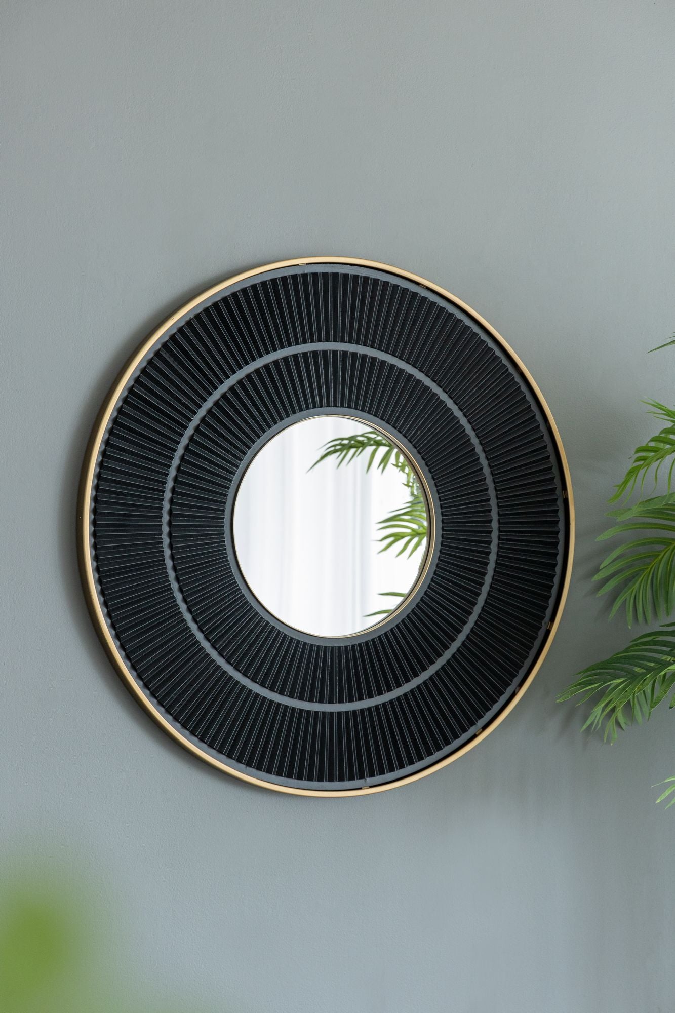 31.5x1x31.5" Round Carter Wooden Mirror with Gold Iron Frame Neutral Colorway Wall Decor for Live space - LOLA VEGAS ART