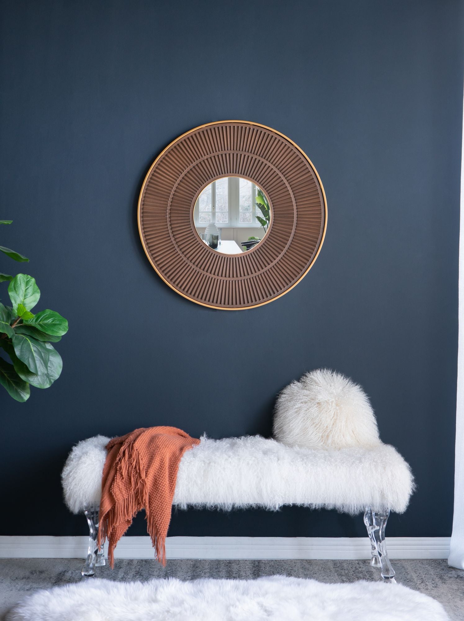 31.5x1x31.5" Round Carter Wooden Mirror with Gold Iron Frame Neutral Colorway Wall Decor for Live space, Bathroom, Entryway Wall Decor - LOLA VEGAS ART