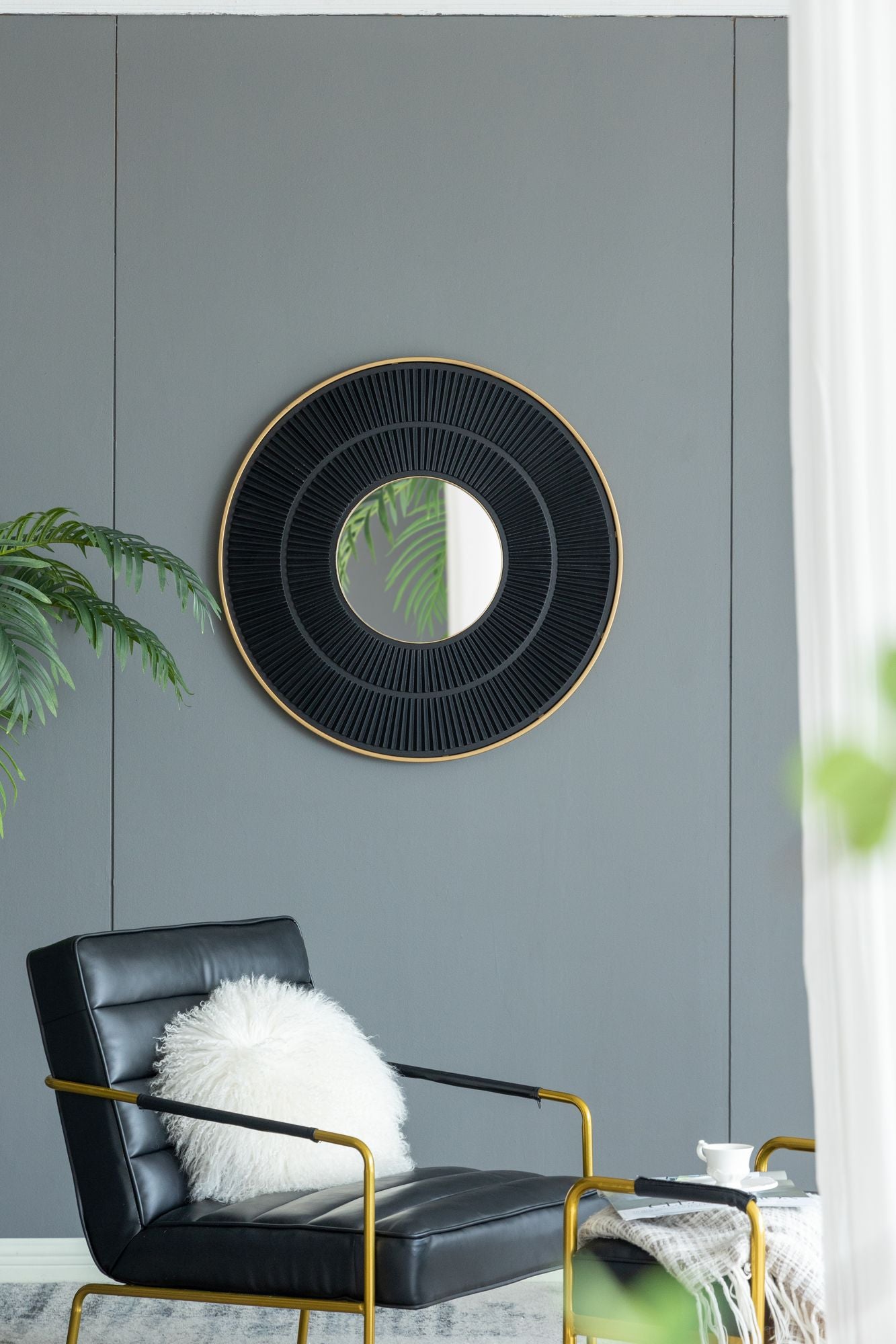 31.5x1x31.5" Round Carter Wooden Mirror with Gold Iron Frame Neutral Colorway Wall Decor for Live space - LOLA VEGAS ART
