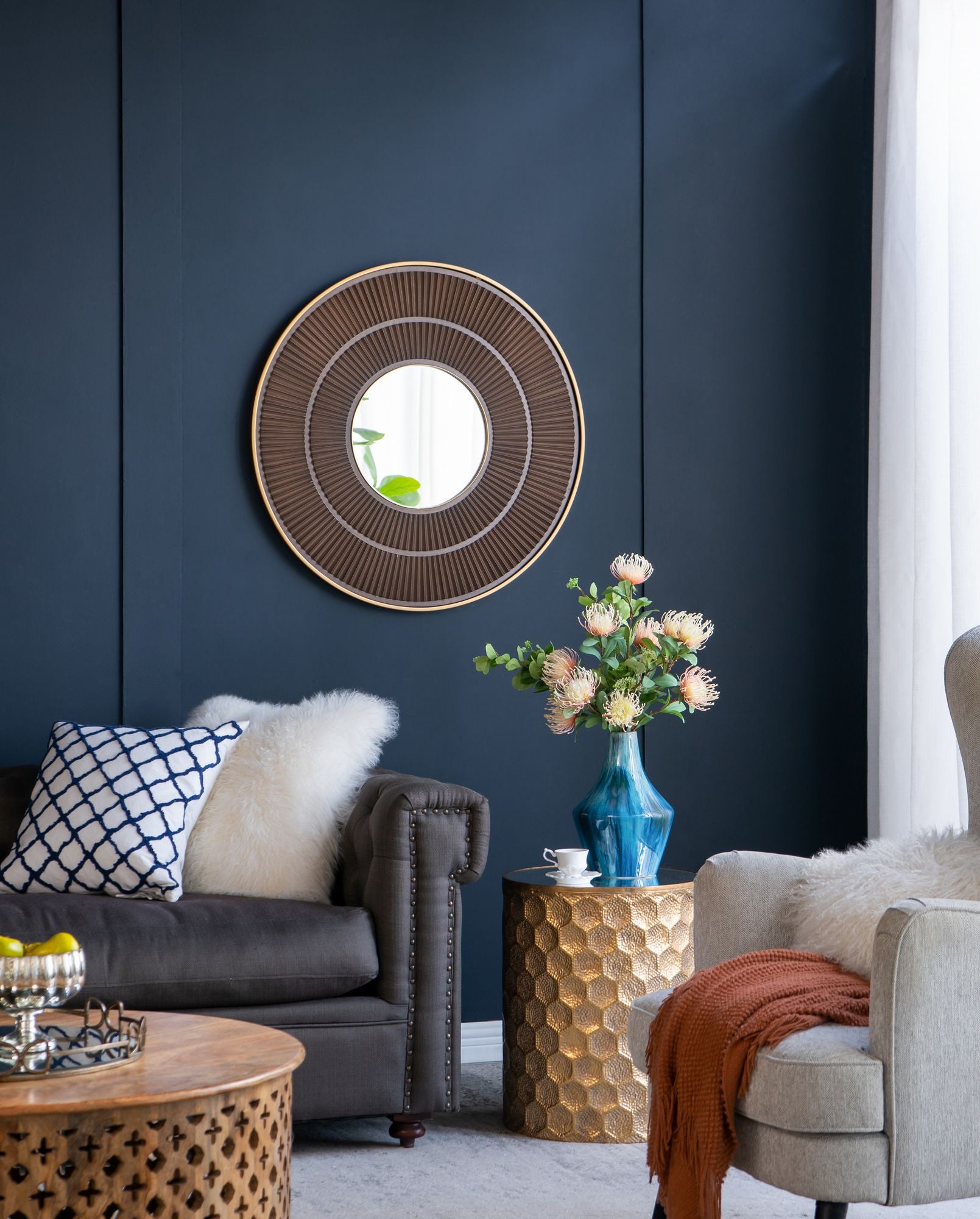 31.5x1x31.5" Round Carter Wooden Mirror with Gold Iron Frame Neutral Colorway Wall Decor for Live space, Bathroom, Entryway Wall Decor - LOLA VEGAS ART