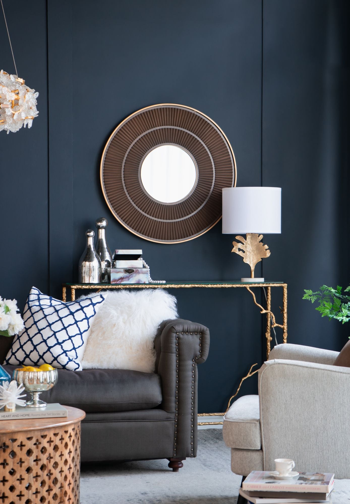 31.5x1x31.5" Round Carter Wooden Mirror with Gold Iron Frame Neutral Colorway Wall Decor for Live space, Bathroom, Entryway Wall Decor - LOLA VEGAS ART