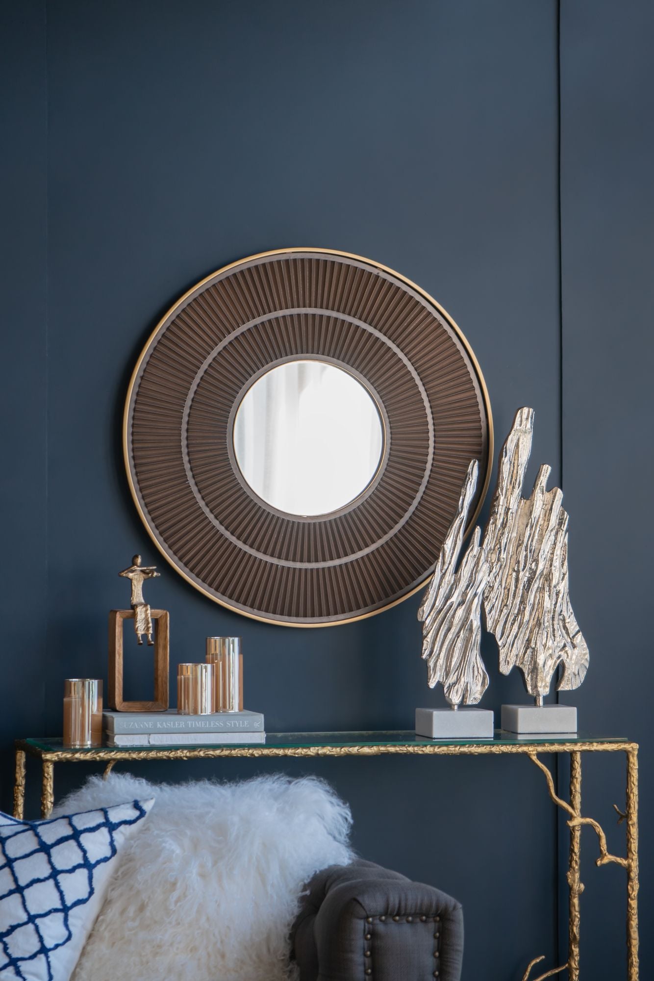 31.5x1x31.5" Round Carter Wooden Mirror with Gold Iron Frame Neutral Colorway Wall Decor for Live space, Bathroom, Entryway Wall Decor - LOLA VEGAS ART