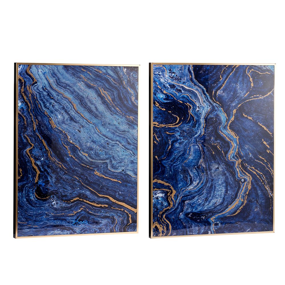 Set of 2 Blue and Gold Framed Art Panels, Unique Marbled Design, 30.5" x 40"