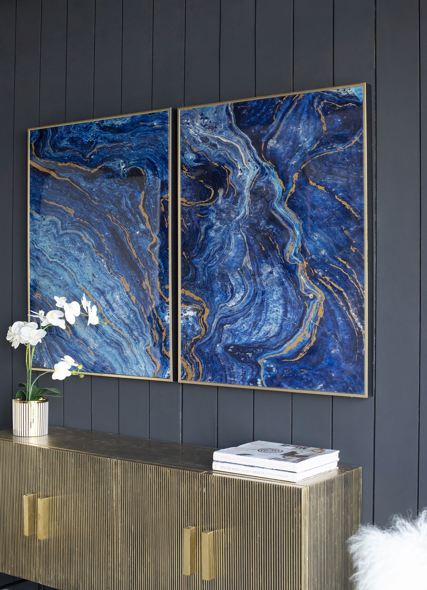 Set of 2 Blue and Gold Framed Art Panels, Unique Marbled Design, 30.5" x 40"