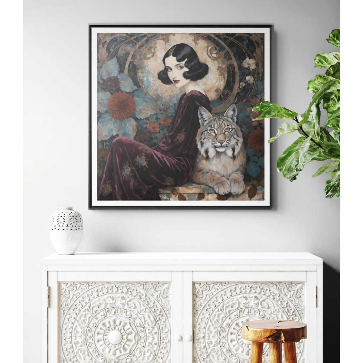 Vintage Flapper Woman with Lynx Matte Canvas Framed