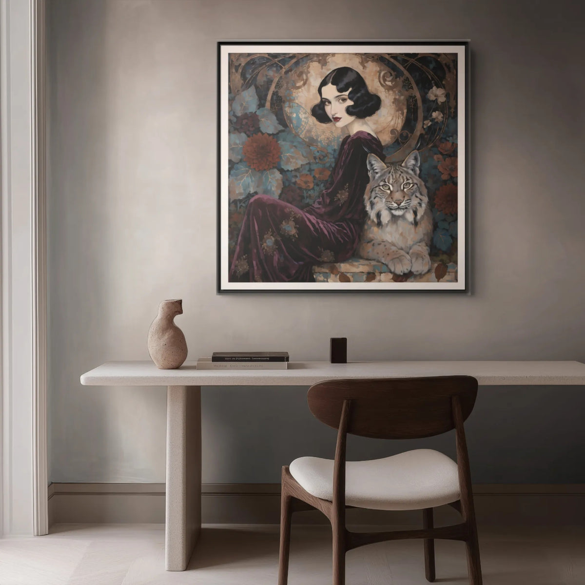 Vintage Flapper Woman with Lynx Matte Canvas Framed