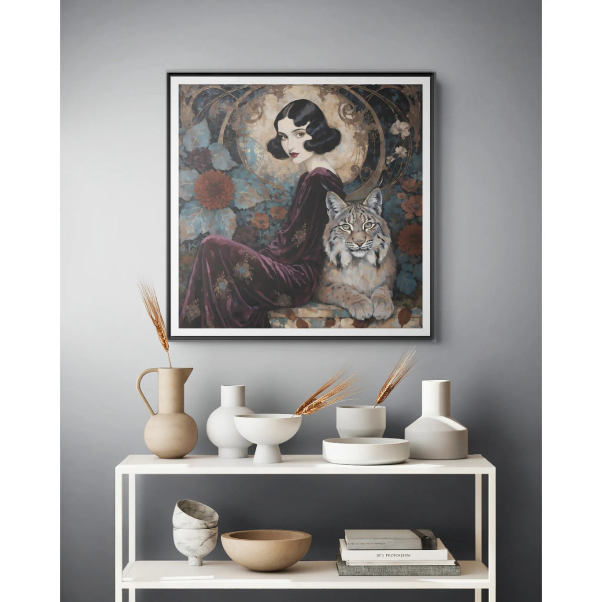 Vintage Flapper Woman with Lynx Matte Canvas Framed
