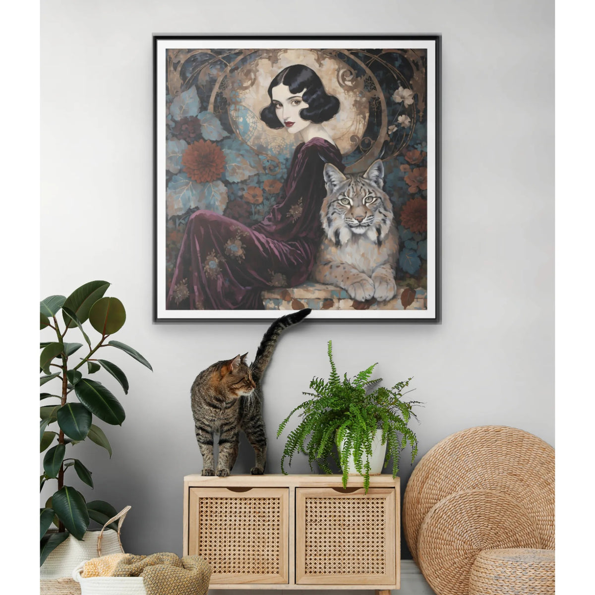 Vintage Flapper Woman with Lynx Matte Canvas Framed