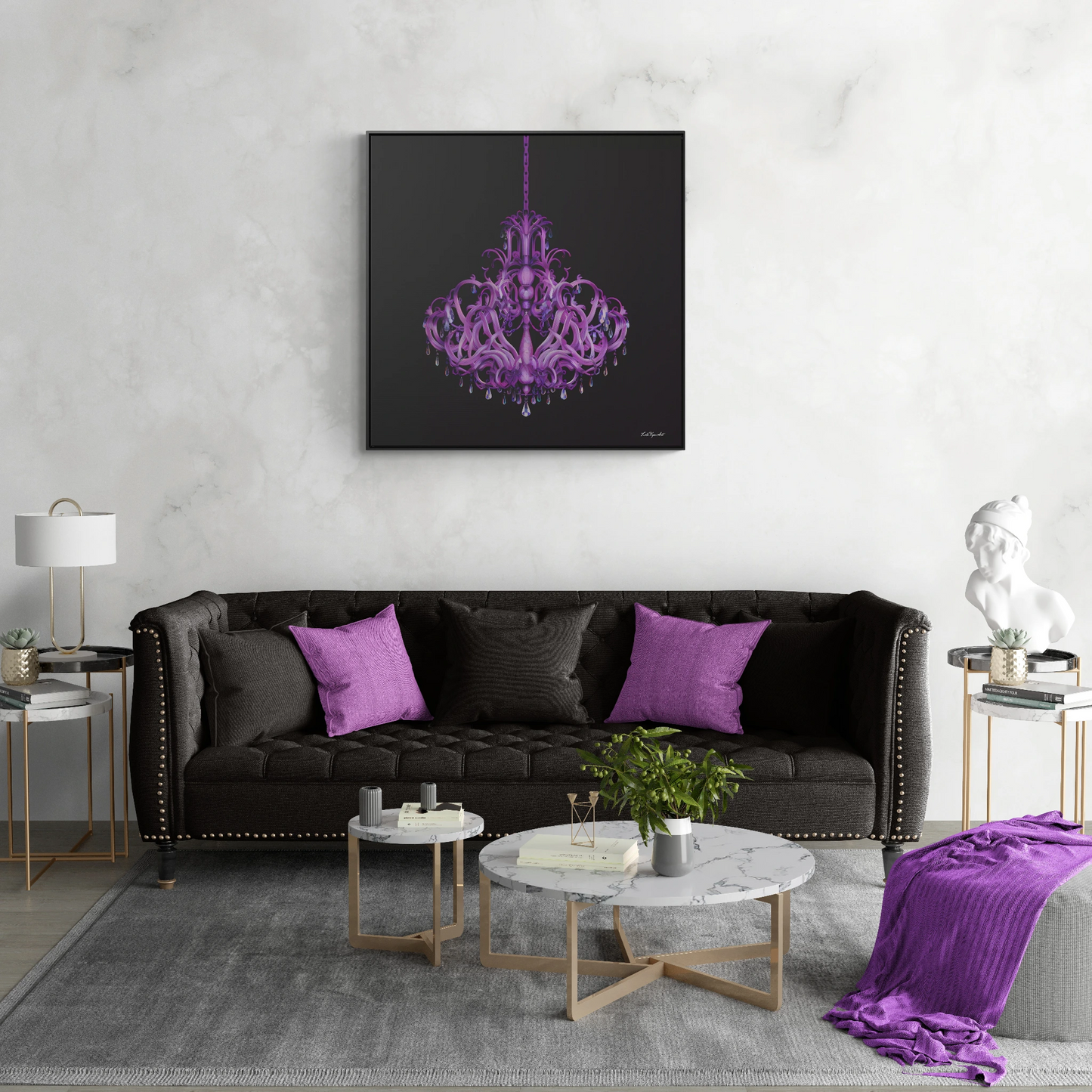 Gothic Crystal Chandelier Square Canvas, Elegant Dramatic Wall Art - Gallery Wraps, Square Frame, Purple Home Decor, Glamorous Gothic Art,