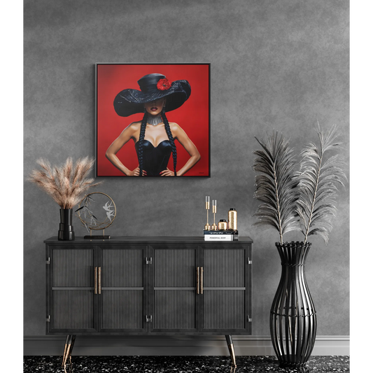 Square Canvas Wall Art, Latina Woman Black Hat Red Flower, Feminine Home Decor, Eclectic Art, Gallery Canvas Wrap, Square Frame