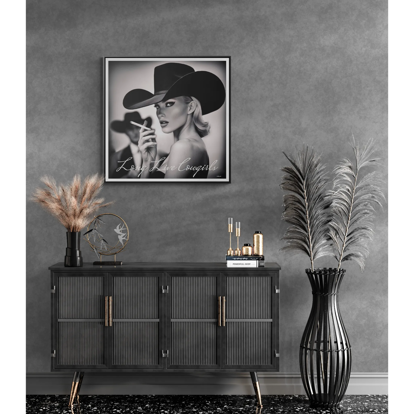 Square Frame Wall Art, Fashion Photography, Cowgirl Decor, Gallery Canvas Wraps, Glam Girl Gift, Black and White Photo Print