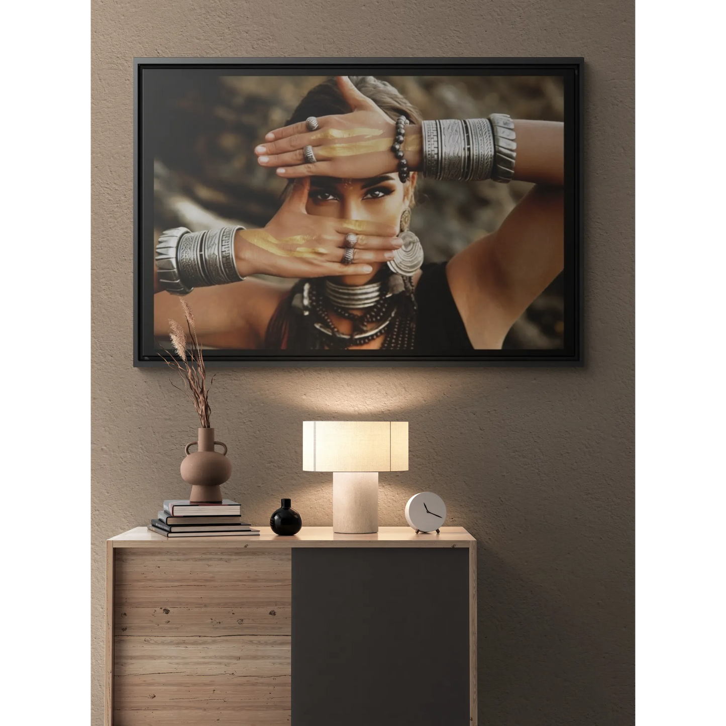 Indigenous Woman Silver Jewelry Square Canvas Wall Art, Ethnic Decor, Exotic Fine Art Photography, Mysterious Home Decor, Dramatic Wall