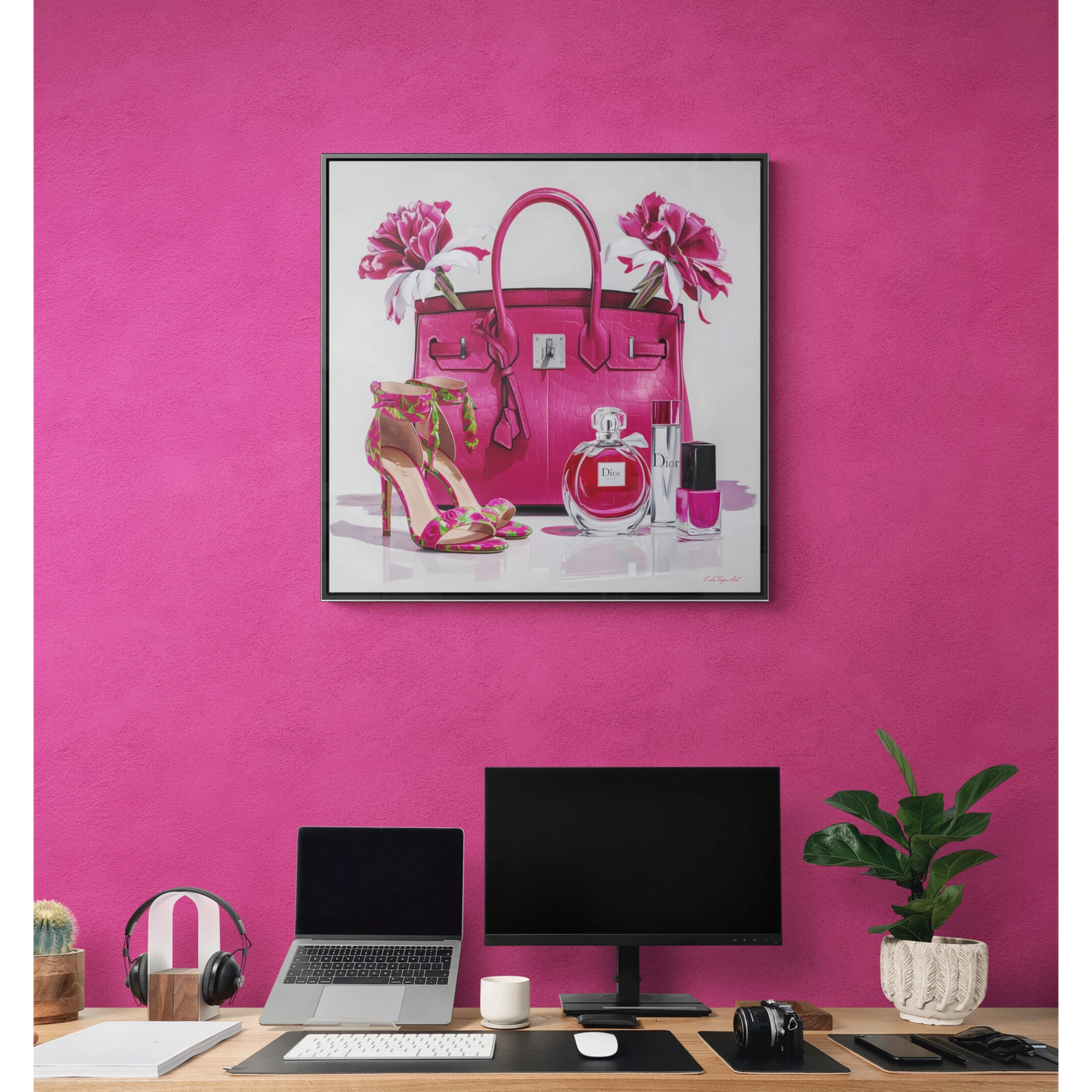 Fashion Square Canvas Wall Art, Pink Designer Handbag Heels Perfume Glam Painting, Gallery Wraps, Fashionista  Room Decor,