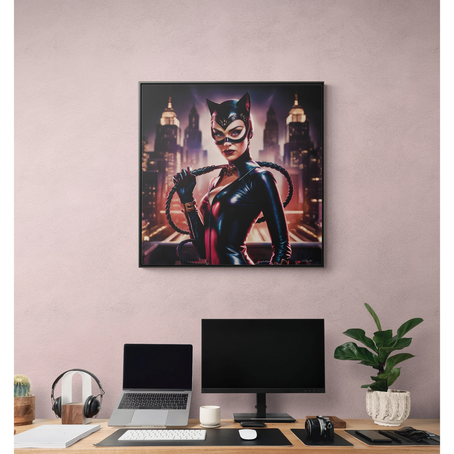 Catwoman Square Frame Canvas Wall Art, Retro Sexy Comic Villain Gallery Wrap, Gotham City Home Decor, Classic Catsuit Design, Bedroom Living