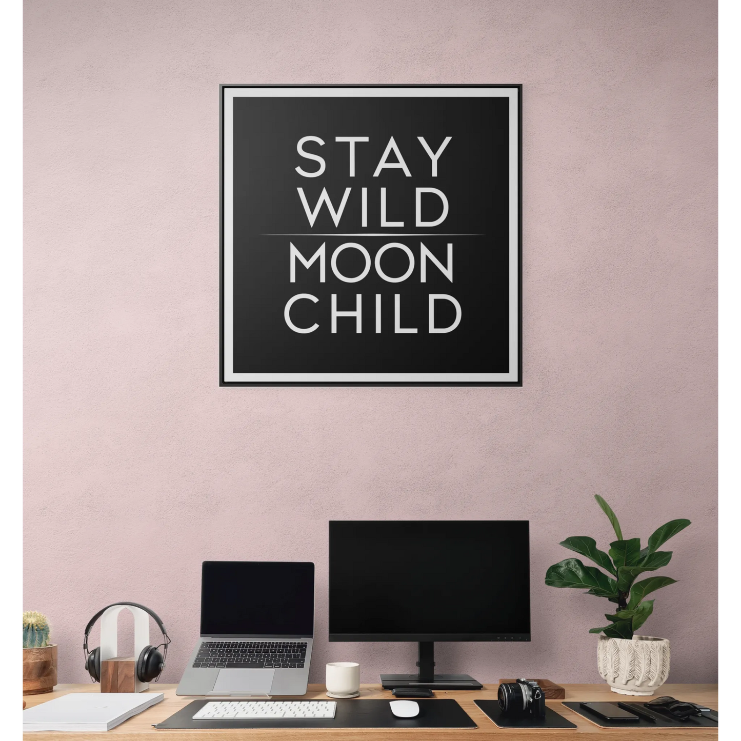 Square Frame Canvas Wall Art, Stay Wild Moon Child Typography Print, Black and White Home Decor, Gallery Canvas Wraps, Boho Wall Hanging,