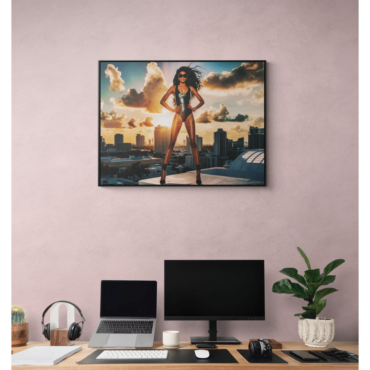 Canvas Wall Art, African American Model in Swimsuit with Miami Skyline, Fashion Decor, Horizontal Frame Home Decor, Gallery Wrap Print