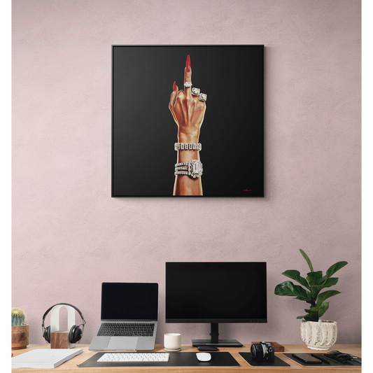 Canvas Wall Art, Feminist Artwork, Square Frame Decor, Bold Female Power, Glamorous Diamond Design, Rich Woman Flipping the Bird, Audacious