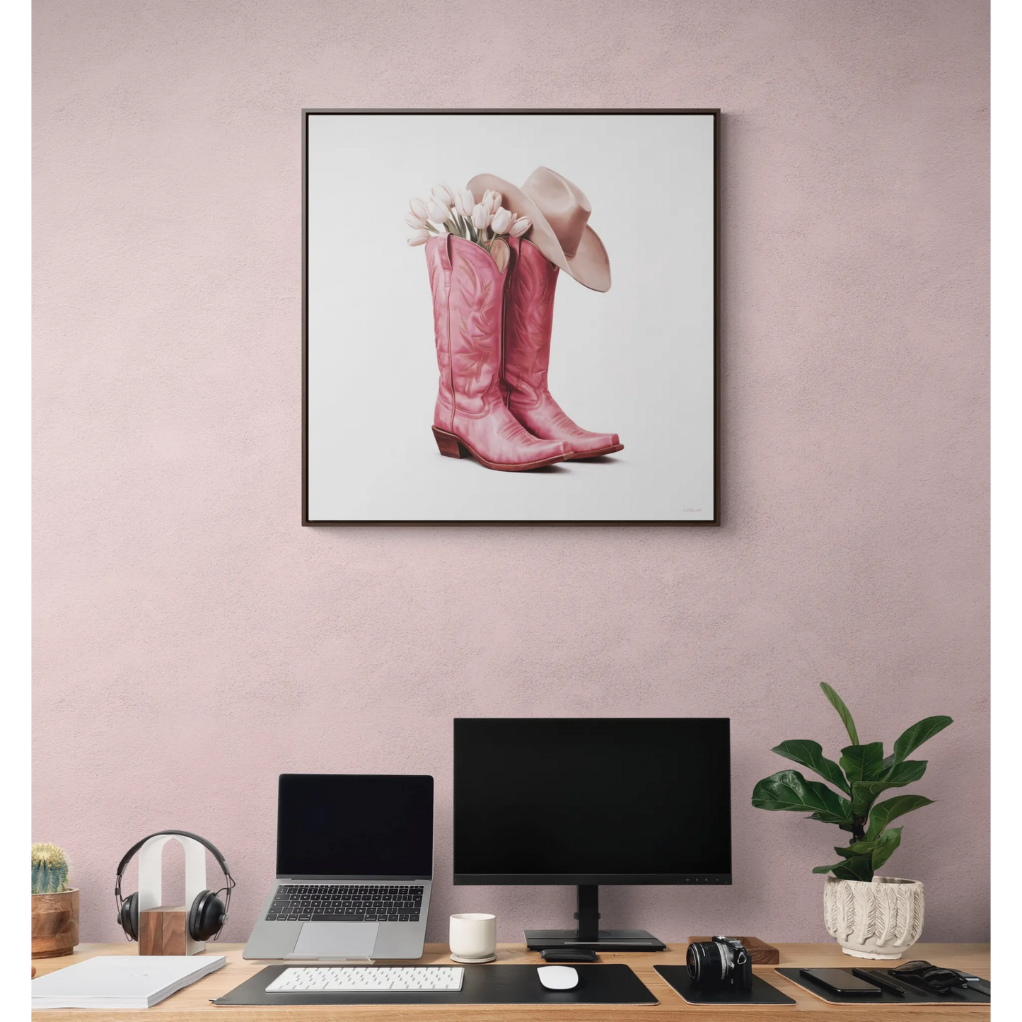 Cowgirl Pink Cowboy Boots White Tulips Square Canvas Wall Art, Southwestern Home Decor, Western Cowgirl Gift, Pink Floral Wall Decor, Square - LOLA VEGAS ART