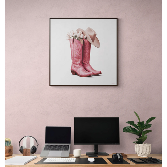 Cowgirl Pink Cowboy Boots White Tulips Square Canvas Wall Art, Southwestern Home Decor, Western Cowgirl Gift, Pink Floral Wall Decor, Square - LOLA VEGAS ART