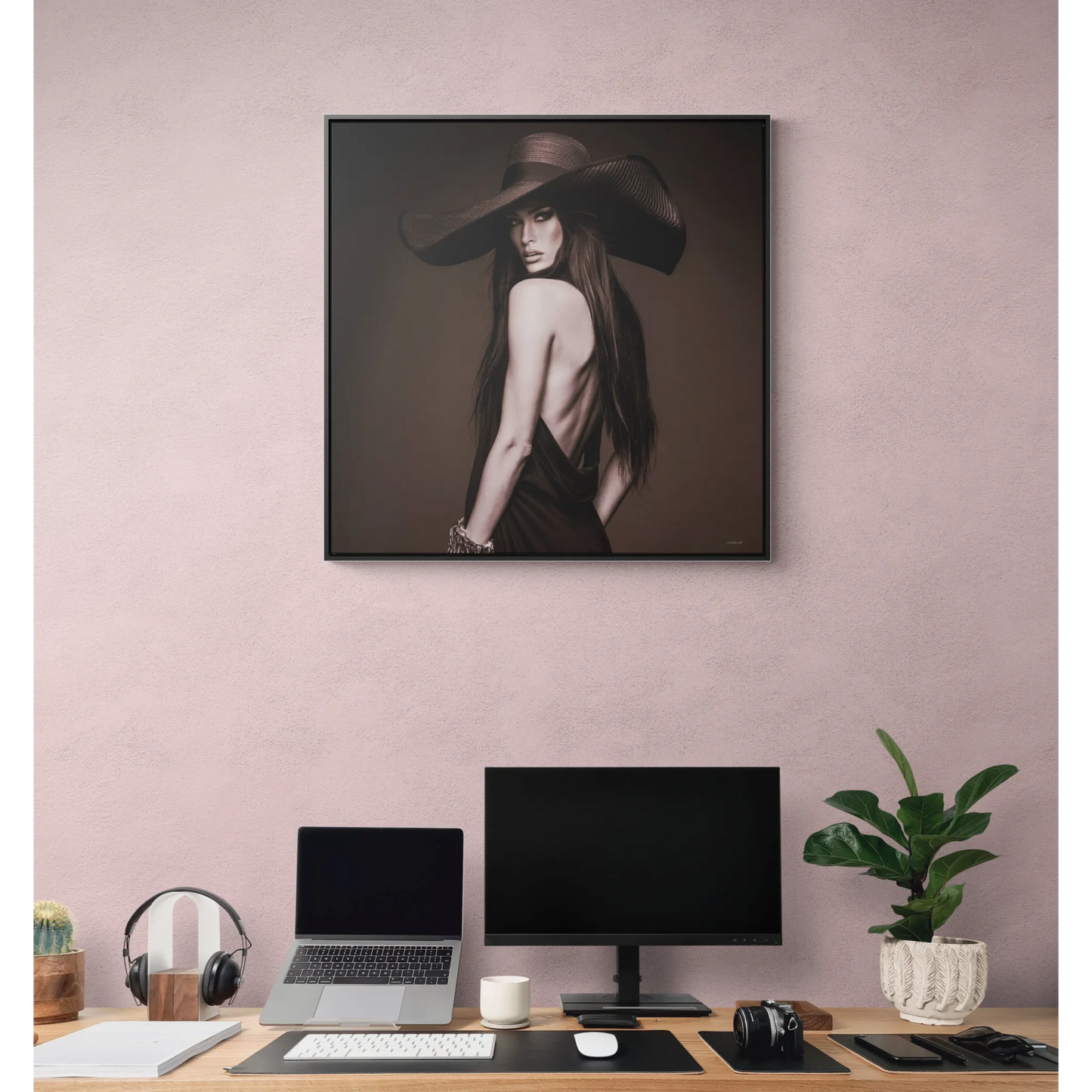 Canvas Wall Art, Sepia Tone Woman with Large Hat, Fashion Photography Decor, Moody Glam Home Decoration, Square Frame Print, Gallery Canvas