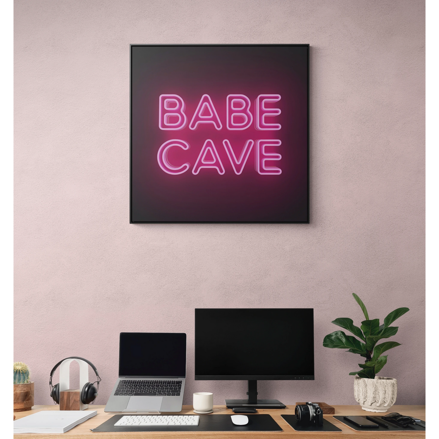 Canvas Wall Art Babe Cave, Feminine Pink Neon Typography Square Framed Decor, Square Frame Wall Hanging, Trendy Gallery Canvas Print, Home