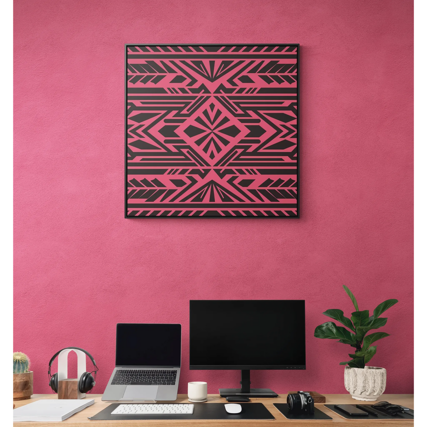 Square Canvas Wall Art, Black Tribal Boho Southwest Design, Pink Red Background, Square Frame, Gallery Decor, Home Decoration, Southwestern