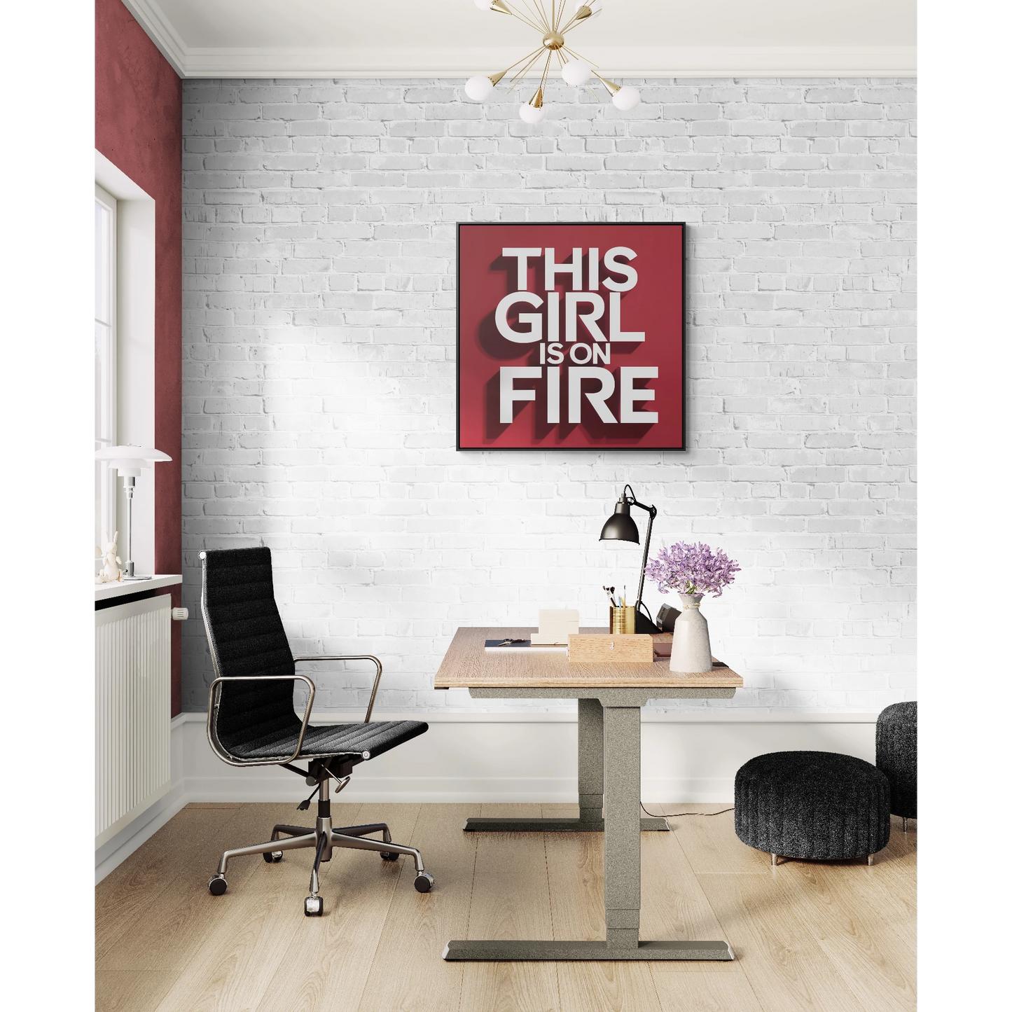 Canvas Wall Art, Female Empowerment Decor, Typography Square Frame, This Girl is on Fire, Trendy Red and White Home Decor, Gallery Wrap