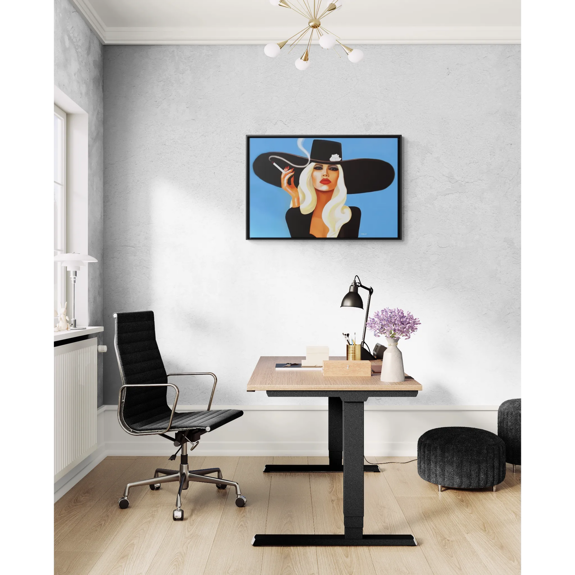glamorous blonde woman smoking a cigarette in a big black hat framed canvas wall art, wall art living room framed, woman decor, portrait - LOLA VEGAS ART