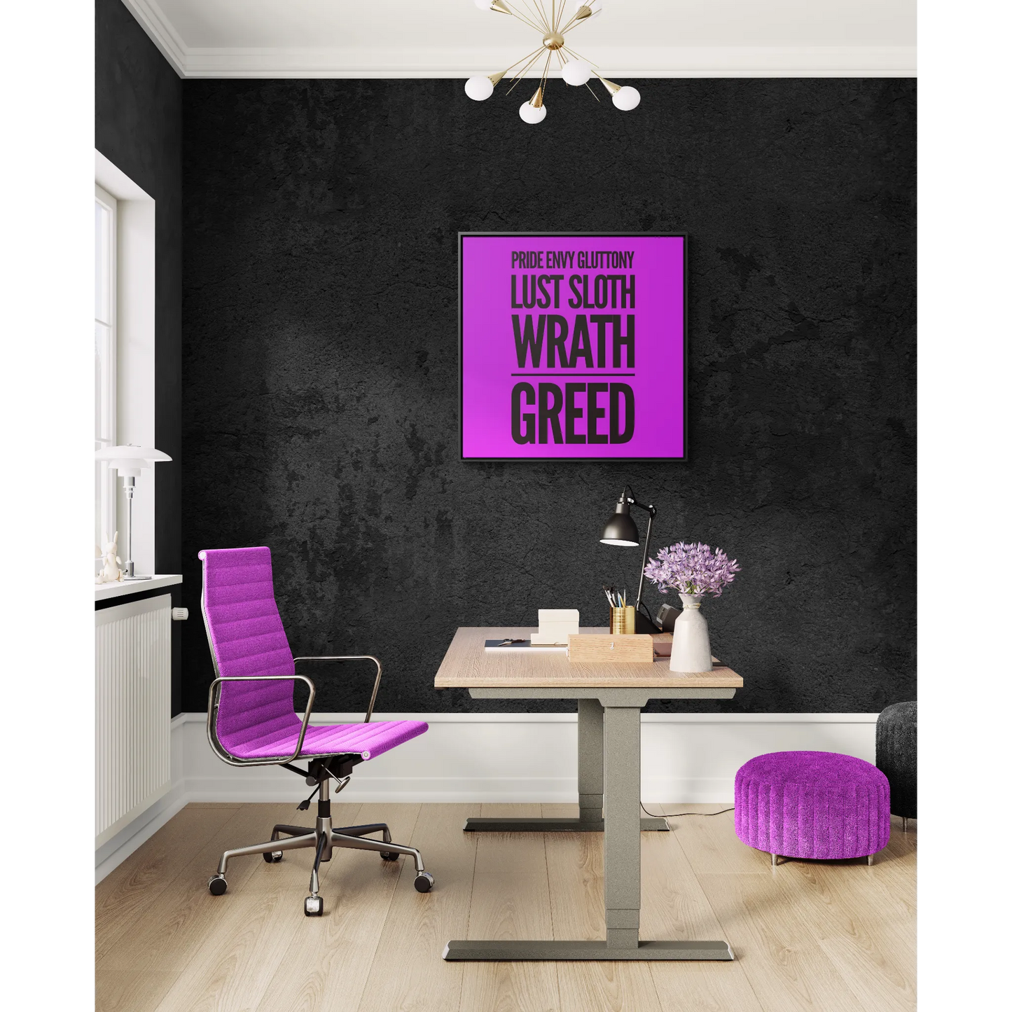 Square Frame Wall Art Canvas, Typography 7 Deadly Sins Magenta Background, Cool Statement Piece, Gallery Canvas Wrap Print, Home Decor